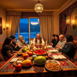 A vibrant and festive Yalda Night celebration in Iran, showcasing a beautiful traditional Persian living room decorated with colorful rugs and cushions