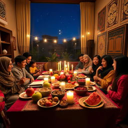 A vibrant and festive Yalda Night celebration in Iran, showcasing a beautiful traditional Persian living room decorated with colorful rugs and cushions