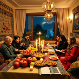 A vibrant and festive Yalda Night celebration in Iran, showcasing a beautiful traditional Persian living room decorated with colorful rugs and cushions