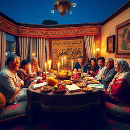 A vibrant and festive Yalda Night celebration in Iran, showcasing a beautiful traditional Persian living room decorated with colorful rugs and cushions