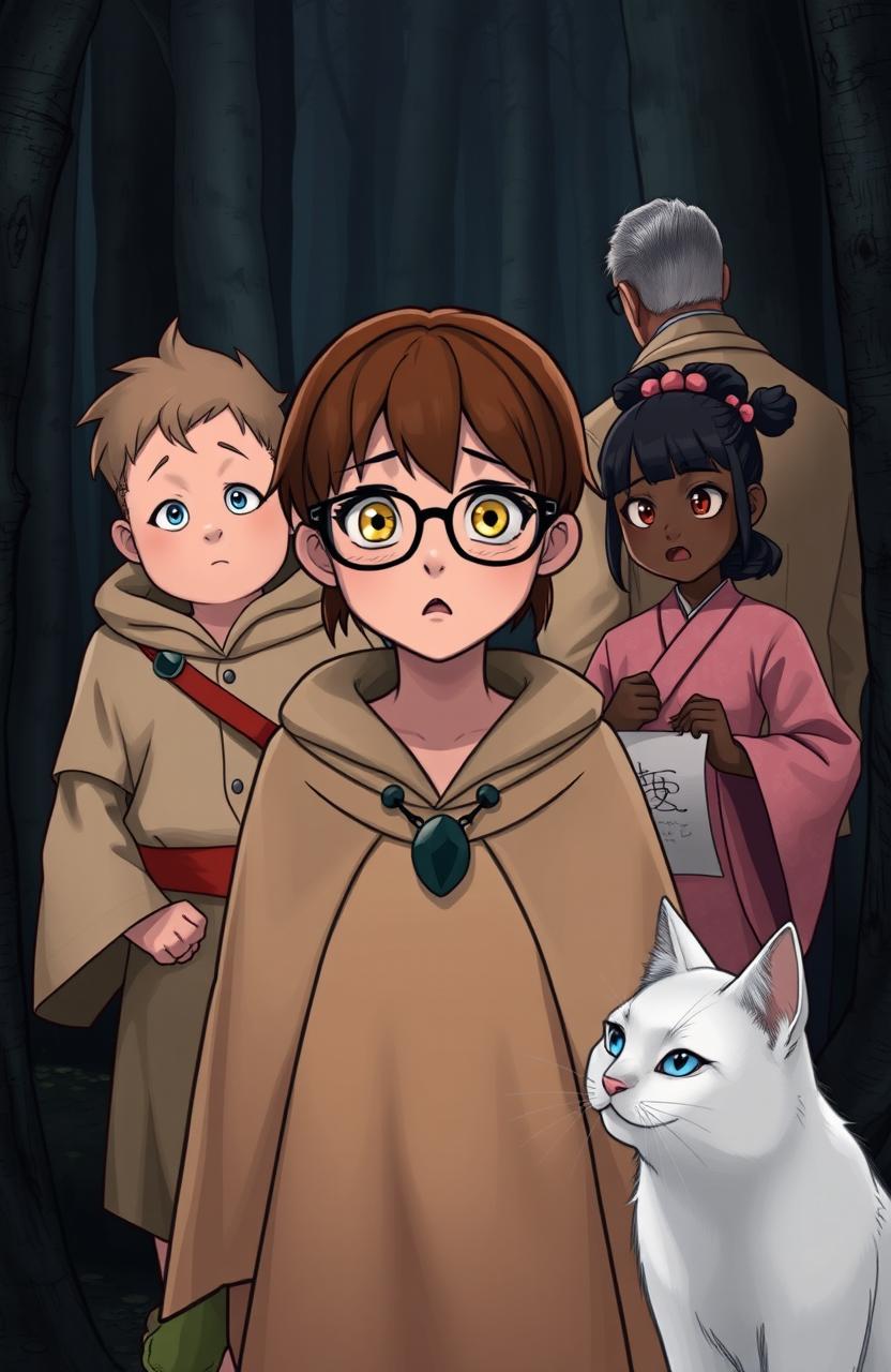 A dark forest setting with a 13-year-old girl in the middle, featuring brown hair with pink tips and yellow eyes