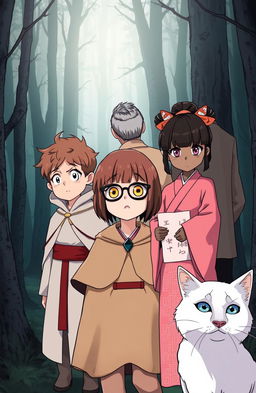 A dark forest setting with a 13-year-old girl in the middle, featuring brown hair with pink tips and yellow eyes