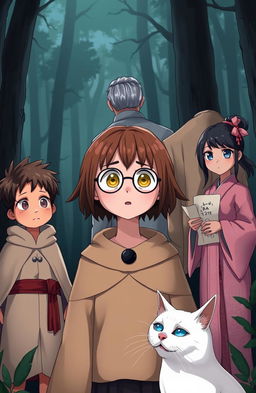 A dark forest setting with a 13-year-old girl in the middle, featuring brown hair with pink tips and yellow eyes