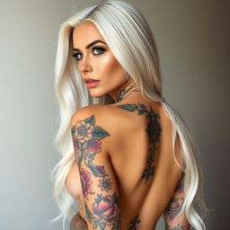 An alluring woman with long, flowing white hair, elegantly styled, showcasing a variety of tattoos that cover her arms, shoulders, and back