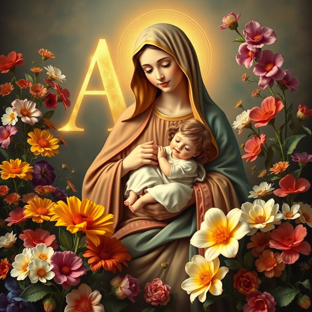 A serene and beautiful scene featuring flowers of various types, vibrant and lush in colors, surrounding a divine depiction of the Virgin Mary, who is holding baby Jesus gently in her arms