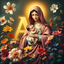 A serene and beautiful scene featuring flowers of various types, vibrant and lush in colors, surrounding a divine depiction of the Virgin Mary, who is holding baby Jesus gently in her arms