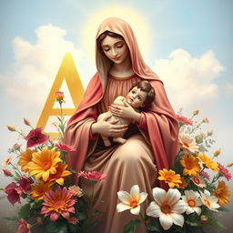 A serene and beautiful scene featuring flowers of various types, vibrant and lush in colors, surrounding a divine depiction of the Virgin Mary, who is holding baby Jesus gently in her arms