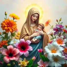 A serene and beautiful scene featuring flowers of various types, vibrant and lush in colors, surrounding a divine depiction of the Virgin Mary, who is holding baby Jesus gently in her arms