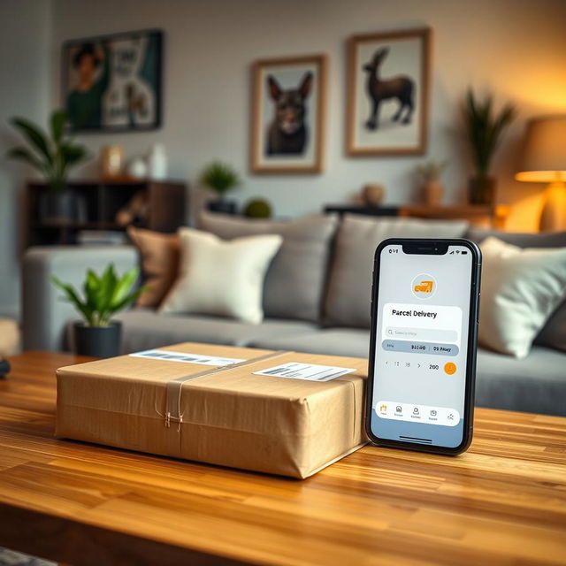 A cozy home setting with a modern smartphone displaying a parcel delivery app on the screen