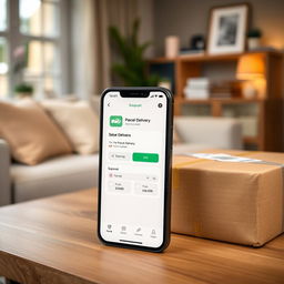 A cozy home setting with a modern smartphone displaying a parcel delivery app on the screen