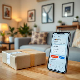 A cozy home setting with a modern smartphone displaying a parcel delivery app on the screen