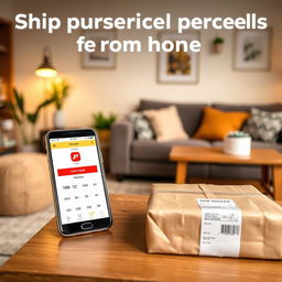 A cozy home setting with a modern smartphone displaying a parcel delivery app on the screen