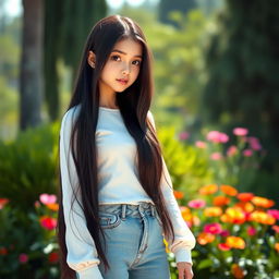 A realistic image of a tall girl standing at 1