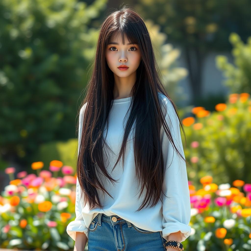 A realistic image of a tall girl standing at 1