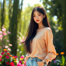 A realistic image of a tall girl standing at 1