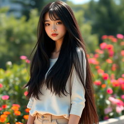 A realistic image of a tall girl standing at 1