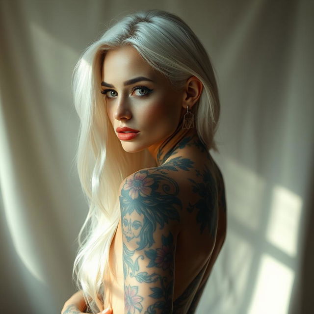 A stunning woman with long, lustrous white hair, cascading down her shoulders and back, adorned with an array of stylish tattoos