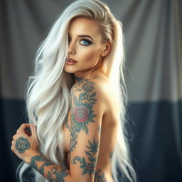 A stunning woman with long, lustrous white hair, cascading down her shoulders and back, adorned with an array of stylish tattoos