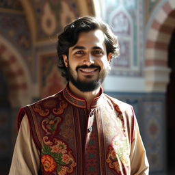 A portrait of an Iranian man, showcasing traditional Persian clothing including a beautifully patterned, colorful vest and a long, flowing shirt underneath