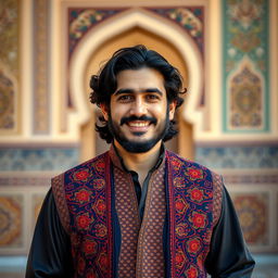 A portrait of an Iranian man, showcasing traditional Persian clothing including a beautifully patterned, colorful vest and a long, flowing shirt underneath