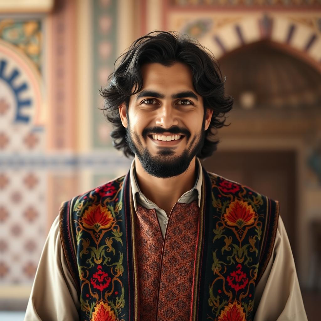 A portrait of an Iranian man, showcasing traditional Persian clothing including a beautifully patterned, colorful vest and a long, flowing shirt underneath