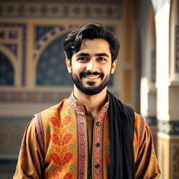 A portrait of an Iranian man, showcasing traditional Persian clothing including a beautifully patterned, colorful vest and a long, flowing shirt underneath