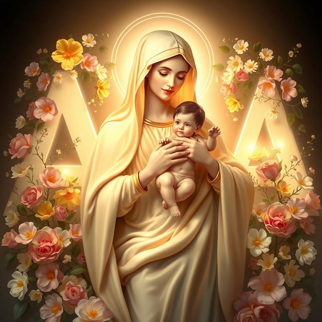 A serene and beautiful depiction of the Virgin Mary holding baby Jesus in her arms