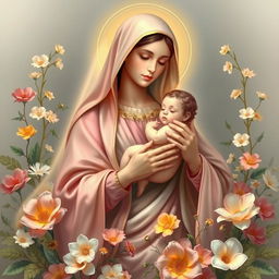 A serene and beautiful depiction of the Virgin Mary holding baby Jesus in her arms