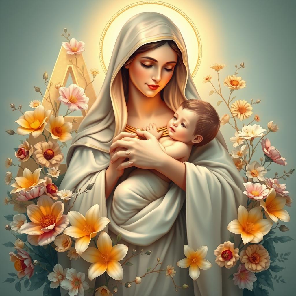 A serene and beautiful depiction of the Virgin Mary holding baby Jesus in her arms