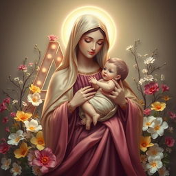A serene and beautiful depiction of the Virgin Mary holding baby Jesus in her arms