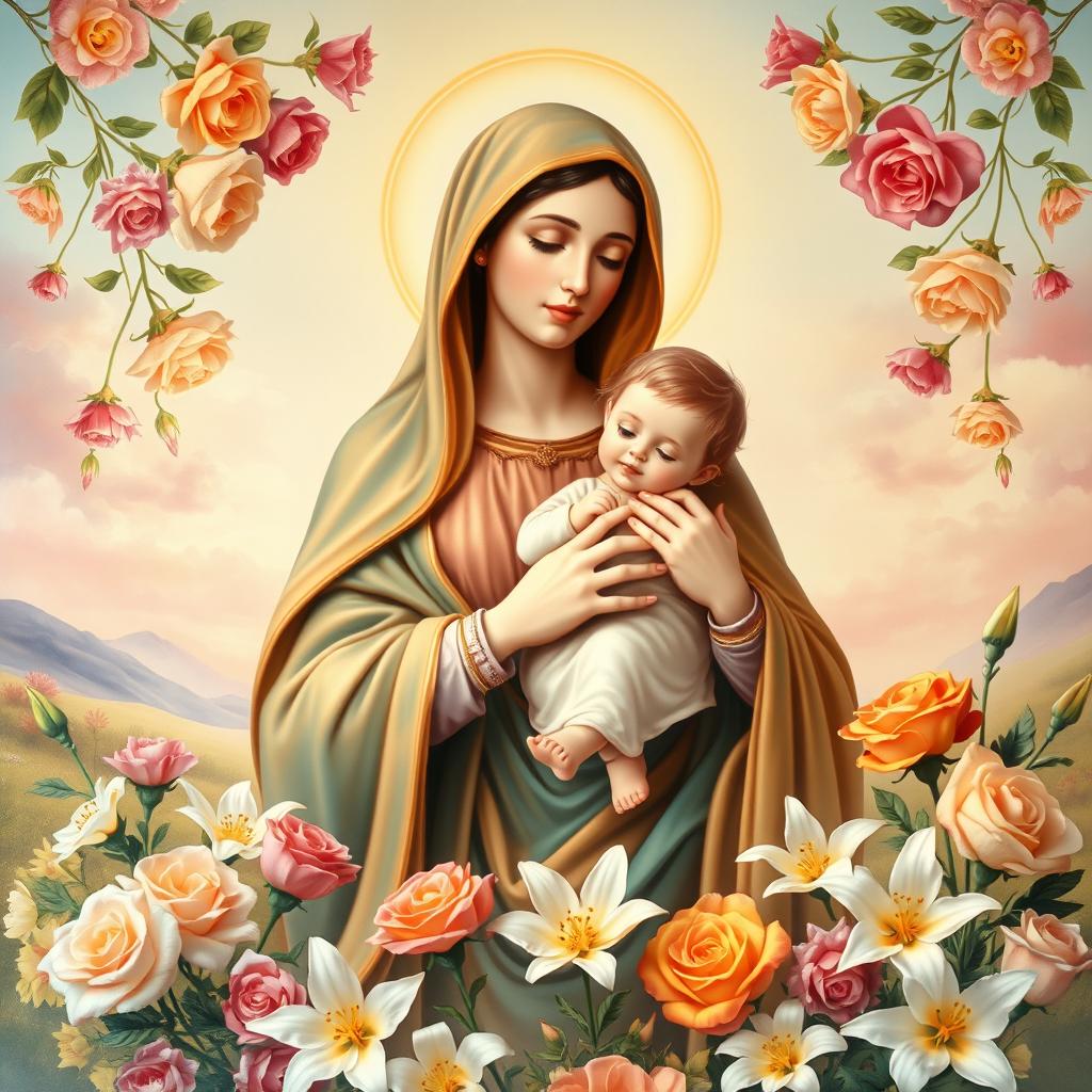 A serene and uplifting scene featuring a radiant depiction of the Virgin Mary holding the Christ child, surrounded by a beautiful arrangement of colorful flowers