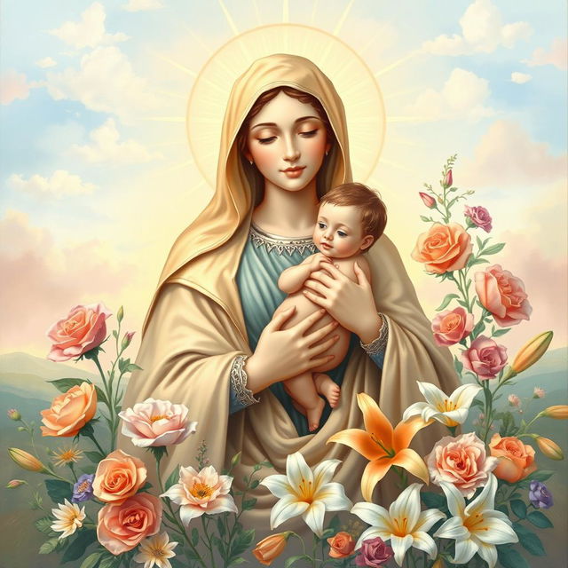 A serene and uplifting scene featuring a radiant depiction of the Virgin Mary holding the Christ child, surrounded by a beautiful arrangement of colorful flowers