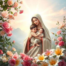 A serene and uplifting scene featuring a radiant depiction of the Virgin Mary holding the Christ child, surrounded by a beautiful arrangement of colorful flowers