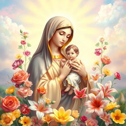 A serene and uplifting scene featuring a radiant depiction of the Virgin Mary holding the Christ child, surrounded by a beautiful arrangement of colorful flowers