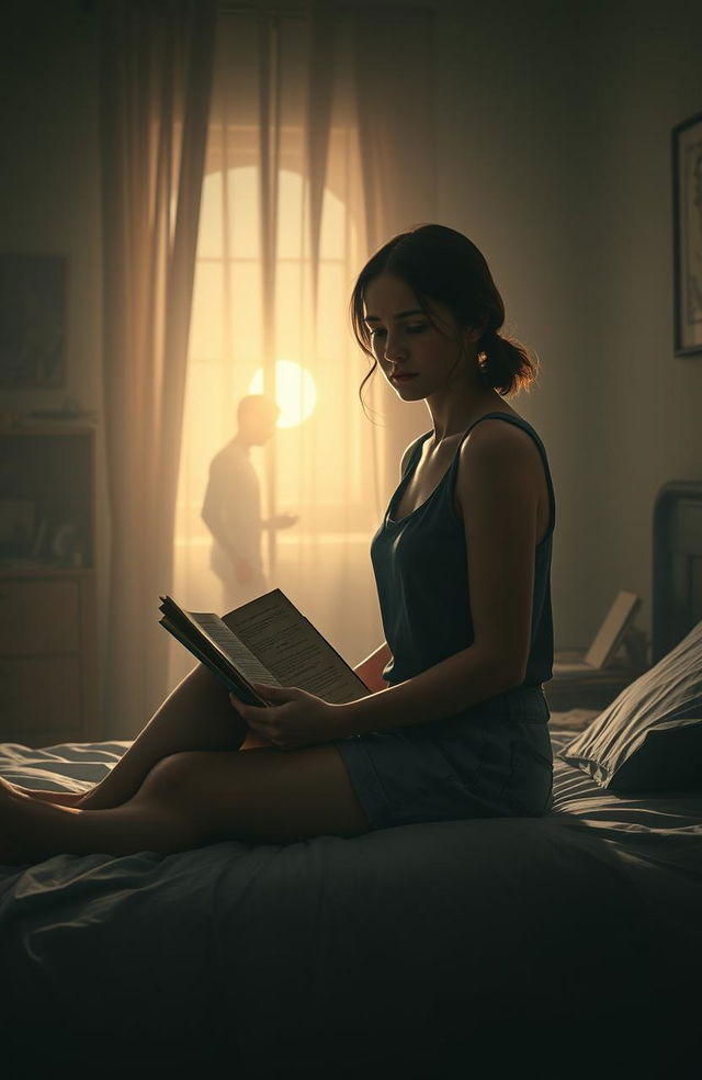 A poignant scene depicting a young woman sitting on the edge of her bed, surrounded by a dimly lit room illuminated by soft moonlight filtering through the window