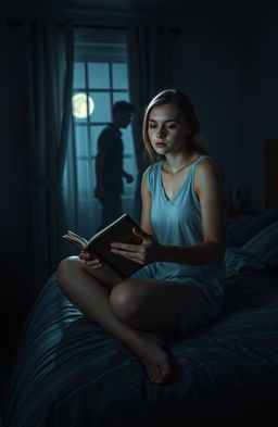 A poignant scene depicting a young woman sitting on the edge of her bed, surrounded by a dimly lit room illuminated by soft moonlight filtering through the window