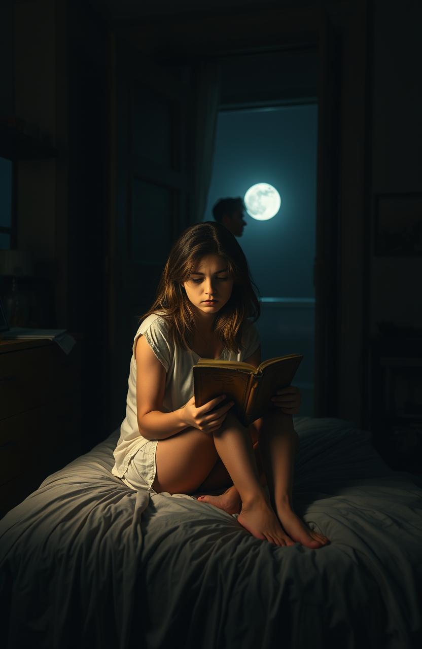 A poignant scene depicting a young woman sitting on the edge of her bed, surrounded by a dimly lit room illuminated by soft moonlight filtering through the window