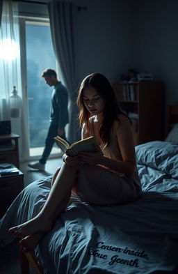 A poignant scene depicting a young woman sitting on the edge of her bed, surrounded by a dimly lit room illuminated by soft moonlight filtering through the window