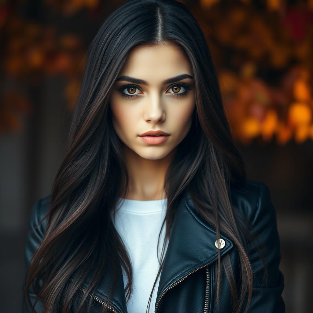 A striking portrait of a young woman with long, flowing dark hair and an enchanting expression