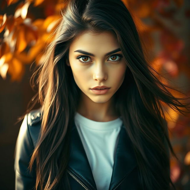 A striking portrait of a young woman with long, flowing dark hair and an enchanting expression