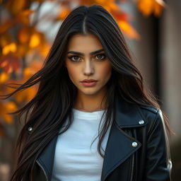 A striking portrait of a young woman with long, flowing dark hair and an enchanting expression
