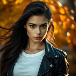 A striking portrait of a young woman with long, flowing dark hair and an enchanting expression
