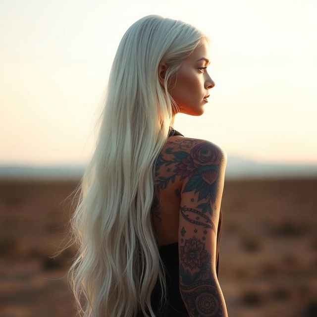 A captivating girl with long, silken white hair cascading down her back, standing at full height with a confident stance