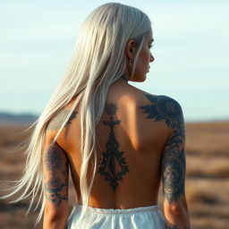 A captivating girl with long, silken white hair cascading down her back, standing at full height with a confident stance
