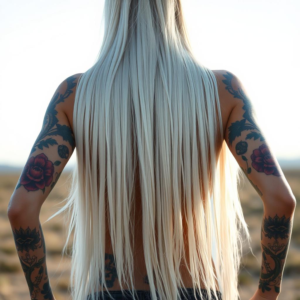 A captivating girl with long, silken white hair cascading down her back, standing at full height with a confident stance