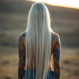 A captivating girl with long, silken white hair cascading down her back, standing at full height with a confident stance