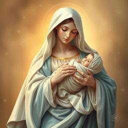 A serene and beautifully detailed depiction of Holy Mary holding baby Jesus in her arms