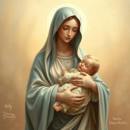 A serene and beautifully detailed depiction of Holy Mary holding baby Jesus in her arms