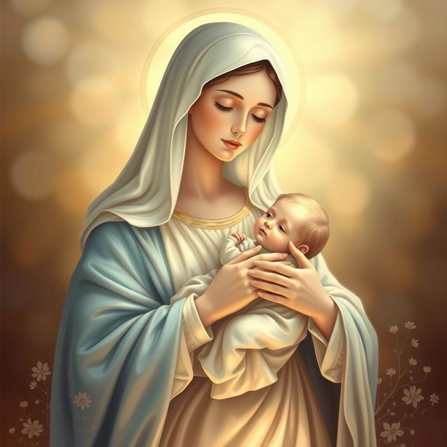 A serene and beautifully detailed depiction of Holy Mary holding baby Jesus in her arms