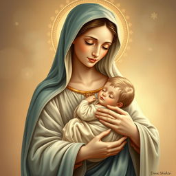 A serene and beautifully detailed depiction of Holy Mary holding baby Jesus in her arms